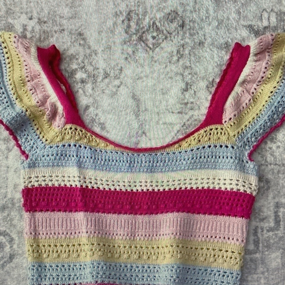 Striped Crochet Knit Tank Top - Pink Multicolor